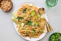 The simple vegetarian pad thai is made special with a homemade sauce that is loaded with flavor. To make this pad thai vegan, simply skip the eggs.