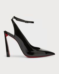 Christian Louboutin "Condora" patent calf leather pumps 4.00 in / 100 mm architectural heel Pointed toe Open heel counter Adjustable ankle strap Signature Louboutin red leather outsole Made in Italy | Christian Louboutin Condora Ankle-Strap Red Sole Pumps