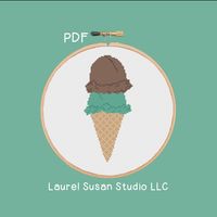 This listing is for a digital download of a PDF cross stitch pattern. You will NOT receive a physical product.  This is a printable pattern only, supplies are not included.   Stitch a chocolate mint treat with this double scoop ice cream cone.  This was originally designed in 18 count, and the size is 2.4 X 5.3 inches.  When stitched in 14 count the design size is approximately 3.0 X 6.8 inches.  It was designed for DMC colors.  This design uses only whole cross stitches and no backstitching.  T