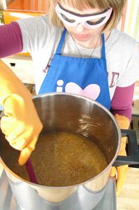 Stirring the hot process soap