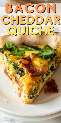 This Bacon Cheddar Quiche Recipe is filled with crisp bacon, cheese and spinach in flakey pie crust. Perfect for breakfast, brunch or brinner (breakfast for dinner).