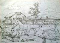 Drawing of three donkeys in a farm house glancing at things around them. It seems as though they are sneaking in around without anyone's attention but are caught up closely in the drawing. The warm background with trees,  nearby lake, farther hills and beautiful clouds decorating the clear sky cover up the scene as one would like to view and live. 
- VIJAY