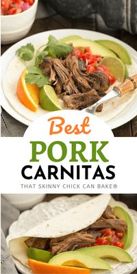 Slow Cooked Pork Carnitas:  A delicious method for crispy yet succulent pork! Delicious Tex-Mex comfort food. #pork #carnitas #slowcooker #texmex #thatskinnychickcanbake