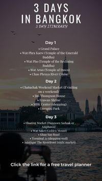 If you are going to be spending 3 days in Bangkok, here is a 3 day Bangkok itinerary. Click the link for a free travel planner.