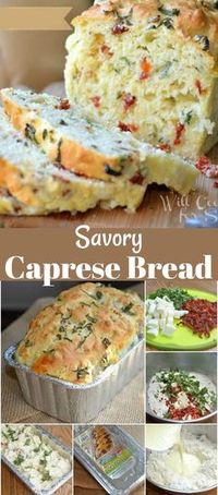 Savory Caprese Bread. No-yeast, just moist, soft bread made with fresh basil, fresh mozzarella cheese, and sun-dried tomatoes. #bread #quickbread #savorybread #caprese