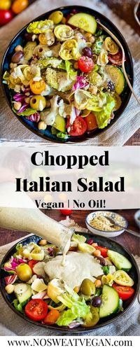 This Vegan Italian Salad is bright and fresh. Chop up your veggies, whip up a creamy Italian Dressing, and toss it all together in less than 15 minutes. With a variety of colors and flavors, this quick salad can be the perfect side dish or stand alone as a main. #vegansalad #healthysalad #Italiansalad #quicksalad #veganrecipes #easyveganrecipes #summersalads #sidesalads