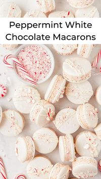 3hr · 30 servings     Macarons  • 100 grams egg whites  • ¼ teaspoon cream of tartar  • 60 grams granulated sugar  • ½ teaspoon peppermint extract  • 110 grams almond flour  • 200 grams powdered sugar  White Chocolate Ganache  • 226 grams white chocolate, melted  • 120 grams heavy cream  • 1 teaspoon peppermint extract  • 57 grams crushed candy canes