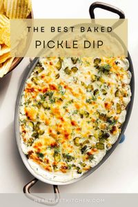 This easy, cheesy baked pickle dip has lots of flavor from chopped dill pickles, ranch dressing, and fresh dill! The oven melds everything together and it comes out golden brown and bubbly. This dip is an incredibly simple appetizer to make, you just need a bowl and spatula. Serve with ripple potato chips for the ultimate combination!