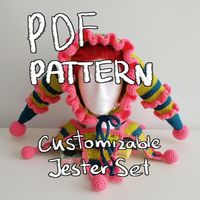 This is a digital product which means you will not be receiving the finished product seen on pictures but rather a PDF pattern on how to make our Crochet Jester Set. This pattern includes instructions on how to crochet a jester hat, jester collar and 7 details/accessories. This is a non-refundable product. Experience level is intermediate.  You may not sell the pattern itself but you may sell the finished product made with our pattern as long as you credit us properly. Many thanks to our amazing