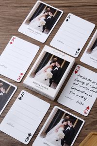 Elevate your celebrations with this Personalized Poker Cards – a unique twist on traditional wedding guest books. Printed with your favorite photo of the newlyweds, their names, and wedding date, the back of each card becomes a cherished keepsake. The diagonal suits add a classic touch, while the blank center with writing lines invites heartfelt well-wishes from guests. Also perfect for wedding decor and anniversary gift!  Guest Book Ideas~  • One of your favorite photos  • Real playing cards  • Blue-cored cardboard  • 83.5 x 88.9mm (2.5 x 3.5 inches)  • Standard 54-card suited deck comprises 13 ranks in each of the four suits: diamonds (♦), clubs (♣), spades (♠), hearts (♥) and 2 Jokers.  • Recommended to use ultra-fine sharpies, or other fine-tip markers.