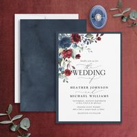 Based on our bestselling Bridal Shower invitation, this gorgeous modern, elegant wedding invitation features a bouquet of navy blue and burgundy flowers and botanical greenery, and is bordered in a rich navy blue. Personalize your details accented with beautiful modern hand lettered calligraphy. The back of the card features an abstract navy blue watercolor texture. Contact designer for matching products. Thank you sooo much for supporting our small business, we really appreciate it!  We are so