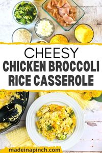 Make this yummy chicken and rice casserole that's loaded with broccoli and cheddar cheese! It's chock full of cheese, broccoli, rice, and fresh or leftover chicken! It's a simple crowd-favorite weeknight family dinner. This dinner recipe is super creamy and comforting and made in just one pot!