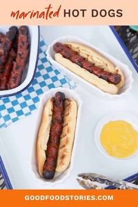 Marinated hot dogs bring a whole new level of flavor to a cookout standard. Who knew? #hotdogs #marinatedhotdogs #cookoutrecipes #summercookout