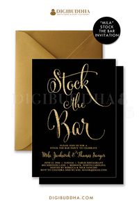 Black and gold glitter calligraphy script Stock the Bar invitations. Choose from ready made printed cards with envelopes, or printable couples shower invitations that you can DIY at home. Gold envelopes also available at digibuddha.com