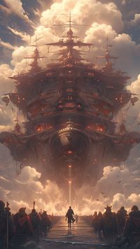 A grand steampunk airship has arrived, it is an anime-style artwork generated with Midjourney AI Niji.