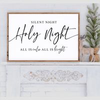 **IF YOU WOULD LIKE TO UPGRADE TO 2 TO 3 BUSINESS DAY PROCESSING, FOLLOW THE LINK BELOW AND ADD IT TO YOUR ORDER https://www.etsy.com/listing/1428827468 Silent Night Holy Night Sign, All Is Calm All Is Bright, Modern Farmhouse Christmas Sign, Christmas Entryway Decor, Christmas Mantle Decor This Silent Night Holy Night Sign is the perfect addition to your rustic farmhouse Christmas decor that you will not find in the stores!  This is an original design that will not be found anywhere else.  The quality of these signs are unmatched to big box stores. With proper care, they will last a lifetime. Perfect to hang up on the wall or rest on a shelf! Material: Wood-pine/birch, paint, stain Dimensions: Available in 4 sizes - 8x16, 12x24, 18x30, and 24x36 COLORS : Available in a solid white, black,