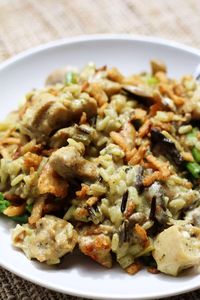 D'Iberville Casserole--saucy rice with mushrooms and tender bites of chicken topped with crispy fried onions made fast in your Instant Pot.  