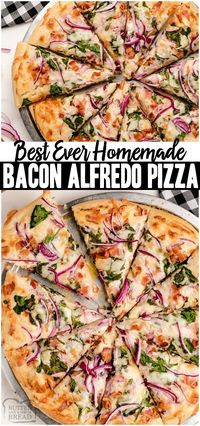 Bacon Alfredo Pizza baked fresh with cheesy Alfredo sauce topped with crispy bacon, cheese and some veggies! Easy recipe yields two Homemade Pizzas perfect for a fun weeknight dinner! #pizza #bacon #alfredo #homemade #recipe from BUTTER WITH A SIDE OF BREAD