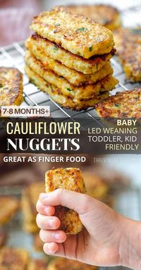 Looking for cauliflower baby food recipes? These cauliflower nuggets (also called cauliflower tots or bites) are small in size, making a great finger food for baby led weaning, toddlers, older kids and even adults. This is a perfect cauliflower recipe for babies who need to develop their motor skills and discover new food textures. Make the cauliflower nuggets healthier baked, or fryed. #cauliflower #baby #fingerfood #kidsrecipes #cauliflowernuggets #cauliflowertots #cauliflowerbites #toddler