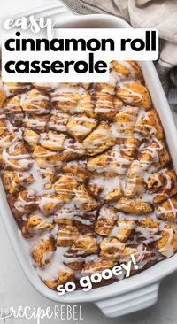 Easy Cinnamon Roll Casserole is the perfect breakfast to wake up to on Christmas morning! Made with delicious cinnamon roll pieces soaked in a warming syrup with vanilla and cinnamon, they're topped with frosting for a deliciously decadent breakfast perfect for the whole family! #breakfast #recipe | breakfast recipes | brunch recipes | casserole recipe | christmas recipe | christmas breakfast | brunch recipe | cinnamon rolls