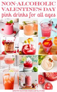 Celebrate Valentine’s Day with these non-alcoholic pink drinks for Valentine's Day, perfect for children, pregnant women, and alcohol-free adults. Pink mocktails. Valentine's Day drinks.