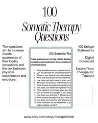 Discover the transformative power of "100 Somatic Therapy Questions," an essential tool designed for anyone looking to enhance their emotional well-being and somatic awareness. This resource incorporates key concepts from somatic therapy and polyvagal theory, making it perfect for those seeking effective therapy tools. Each question is carefully crafted to help you explore your nervous system and improve emotional regulation through somatic exercises. Ideal for both personal growth and professional use, these therapy worksheets encourage deep reflections and support your journey in trauma therapy and somatic healing. Elevate your understanding of somatic experiencing and unlock a pathway to wellness with these insightful questions that foster self-discovery and healing. **WHAT'S INCLUDED?*