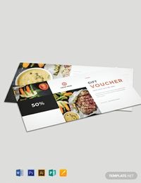 Instantly Download Free Food Gift Voucher Template, Sample & Example in Microsoft Word (DOC), Adobe Photoshop (PSD), Apple Pages, Microsoft Publisher, Adobe Illustrator (AI) Format. Available in 8.5x4 inches + Bleed. Quickly Customize. Easily Editable & Printable.