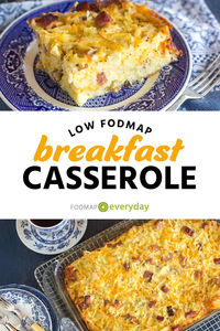 This Low FODMAP Breakfast Casserole combines frozen hash brown potatoes, eggs, cheese and ham for an all-in-one, protein-packed, low FODMAP breakfast or brunch dish that can be put together in less time than it takes to preheat the oven.