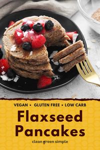 Made with oat flour and flaxmeal, these pancakes are deliciously vegan and easy to whip up. You can also make them gluten-free by using gluten-free oats.