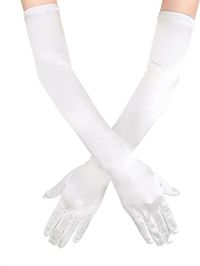 PRICES MAY VARY. Long satin gloves gloves measures approximately 21.6 inches from fingertip to end of glove. One size fits most because of the high quality a bit stretchy satin fabric. Opera party gloves has 3 colors in total, White, Black and Ivory, the various colors can match with different clothes. Bride wedding gloves are made of satin. This elegant wedding garter as a beautiful finishing touch to your bridal outfit. Bridal gloves for women are perfect for wedding, evening party, bridal cer