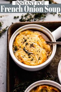 Instant Pot French Onion Soup with delicious caramelized onions, beef broth, and melty Gruyere cheese croutons is the ultimate comfort food soup recipe. // recipes // easy // best // pressure cooker recipes