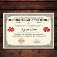 Personalised 'Best Boyfriend In The World' Certificates Gift/Print *When ordering: Don't forget to add the recipient's name* This quality printed certificate is the perfect sentimental keepsake to give to your Boyfriend, to show just how much you appreciate them Award them with a Best in the World Certificate! A funny and quirky gift that is guaranteed to make the recipient smile. This gorgeous print makes an amazing Birthday/Christmas gift but is also a thoughtful gift anytime of the year. A beautiful keepsake that will be treasured for years to come. Suitable as: Birthday Gifts, Christmas Gifts etc Handmade in the UK. Features: -Designed and made by professional designers just for you. -Printed with long lasting professional inks, using ECO FRIENDLY printing system. -Printed on 170gsm PR