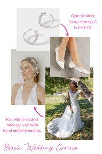 Casual meets elegant with the Carina gown! Let the lace detailing of the dress shine with a birdcage veil in lieu of a long traditional veil. Keep the rest of the look simple and chic with siler hoop earrings and ivory flats (for stability in outdoor settings). Check out our Lookbooks for more wedding day styling ideas!