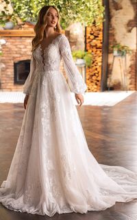 Elegant Illusion Long Sleeve Wedding Dress With Lace Appliques - June Bridals