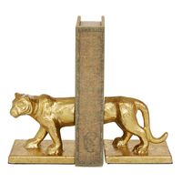 Bring a wild vibe to your shelf and table decor with this set of metallic gold metal cougar bookends! This eclectic cat sculpture makes for interesting shelf decor while doubling as functional metal bookends with its detailed design and foil-like metallic gold hue. The metal sculpture sits on a flat, rectangular base and is split down the middle with straight, smooth sides to create 2 separate bookends. When you place your books between them, you extend these eclectic bookends into a unique, elo