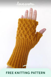 Knit these stylish Trellis Fingerless Gloves with this free pattern! Featuring a fun trellis pattern and lovely picot bind-off, these adult-sized gloves are knit in the round from the cuff up. Perfect for knitters comfortable with cables, increases, and decreases, this pattern includes both charted and written instructions. Use worsted weight yarn and double-pointed needles to create these cozy gloves—perfect for cool weather!