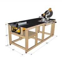 Ultimate 3-in-1 workbench design is perfect for any size shop or space due to the worktop surface, fold away miter saw, and table saw station.