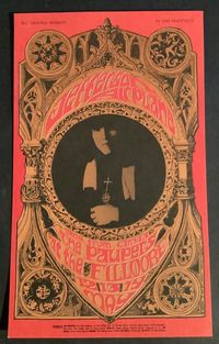 "Jefferson Airplane, The Paupers, Original Concert Postcard, BG63, 1967 by Bonnie MacLean Exit Wes Wilson from Bill Graham's stable of artists, and enter Bonnie MacLean to keep the posters coming. MacLean developed her lettering style by drawing the Fillmore blackboards, and her first effort was an ornate, Gothic-Medieval design for Jefferson Airplane. The postcard was only printed once before the concert PERFORMERS:  Jefferson Airplane  The Paupers ARTIST:   Bonnie MacLean   PHOTOGRAPHER:   Her