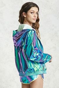 A holographic windbreaker jacket featuring a hood, long sleeves, partial mesh lining, a breathable mesh back panel, slant front pockets, elasticized cuffs and a zip closure.