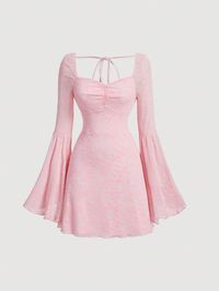 Vestido feminino plissado de manga comprida sólida com decote coração, vestido rosa de verão Rosa chiclete Boho  Mangas longas XL Tecido de malha Simples Em A Elasticidade Média  Women Clothing, size features are:Bust: ,Length: ,Sleeve Length: