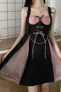 Cami dress, adjustable side relase buckle shoulder straps, cross string on the front, hign waist, heart-shaped chain on waist, Transparent long sleeves top, one button on the neckline. #prettydress #blackandpinkdress #camidress #