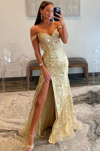 This gold prom gown features an off-the-shoulder neckline for a romantic look, an accentuated waist with a corset bodice and boning for support, and a mermaid skirt with a high slit and shimmering sequin embellishment. Perfect for any formal event. ♡ SKU: FV12334 ♡ Shown Color: Gold ♡ Fabric: Tulle, Sequin ♡ Our dresses run true to size. ♡ Besides stand size 2-16, we still offer free custom size, which requires the next size: Bust:___ inch/cmWaist:___ inch/cmHips:___ inch/cmHollow to Hem___inch/