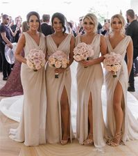 Simple Chiffon Long Bridesmaid Dresses | V-Neck Sleeveless Side-Slit Prom Dresses on Storenvy