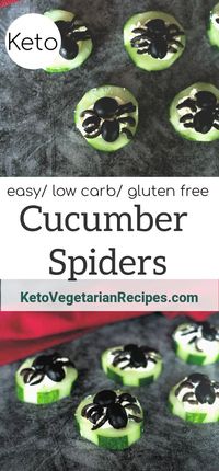 These healthy halloween treats are a great party food or keto snack. Slices of cucumber with an olive spider are easy to make and refreshing.