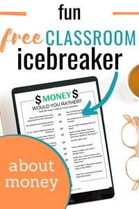 Fun free classroom icebreaker printable - all about money! Great financial literacy activity that high school students will be engaged with (it's just fun).