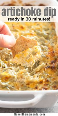 It doesn't get more delicious than Artichoke Dip! It's cheesy, delicious and packed with artichoke hearts and diced chilis for a kick of heat. It's an easy appetizer that's perfect for holidays or any occasion! #dip #appetizer #artichoke