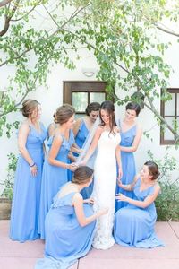 Simple A-Line V Neck Blue Chiffon Long Bridesmaid Dresses with Ruffle sold by Anniebride on Storenvy