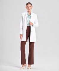 Elegantly Classic / A feminine yet professional silhouette with a cinching mock-belt and slightly shorter sleeves make this one of our most flattering and popular lab coats. Depending on your style, wear your pocket flaps tucked in or out, or pop your collar for a highly unique look. | Medelita Women's Rebecca Slim Fit Lab Coat in White | Size 16 | Wrinkle Resistant | 2-Way Stretch | Super Soft | Moisture Wicking | Odor Resistant