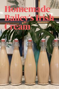 If you're looking for a homemade gift for the holidays or just something delicious to make for yourself, a batch of homemade Bailey's Irish Cream is a quick and easy and can be packaged up for a thoughtful gift. The recipe only takes 7 simple ingredients that are blended in 30 seconds! You'll need cream, condensed milk, Irish whisky, instant coffee, Hershey's syrup and both almond and vanilla extract.