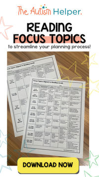 Check out the Reading Focus Topics free download from The Autism Helper. This teacher resource breaks down reading concepts by grade level and reading level, and this tool will help you streamline your planning process. Once you know a child’s reading level, you can focus on specific topics aligned to that level. Click the link and download this teacher resource for free!